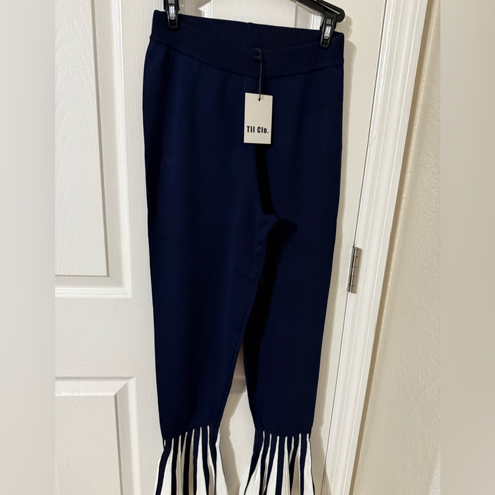 Navy Fringe Hem Pants